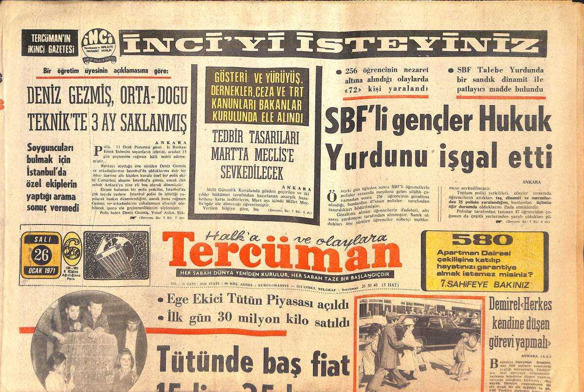 Tercüman Gazetesi 26 Ocak 1971 - SBF'Lİ Gençler Hukuk Yurdunu İşgal Etti - Deniz Gezmiş, Orta Doğu Teknik'te 3 Ay Saklanmış! GZ144402 - 1