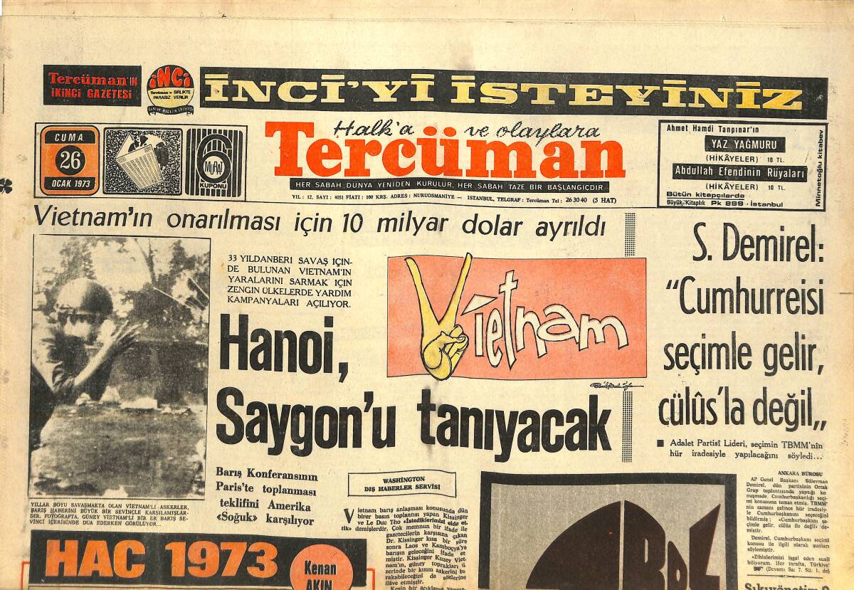 Tercüman Gazetesi 26 Ocak 1973 - S. Demirel: Cumhurreisi Seçimle Gelir, Cülus'la Değil - Fenerbahçe'nin Hesaplarına El Kondu! GZ144689 - 1