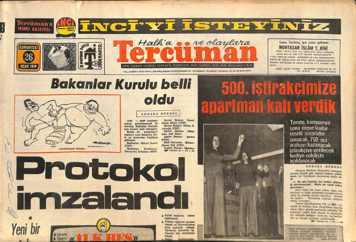 Tercüman Gazetesi 26 Ocak 1974 - Bakanlar Kurulu Belli Oldu - Başkan Şükrü Şankaya 1 Yıl Görev Almayacağını Açıkladı! GZ145233 - 1