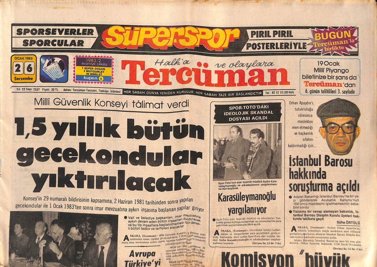 Tercüman Gazetesi 26 Ocak 1983 - Vehbi Koç : '' Önce Serbest Liman... '' - İstanbul Barosu Hakkında Soruşturma Açıldı GZ134443 - 1