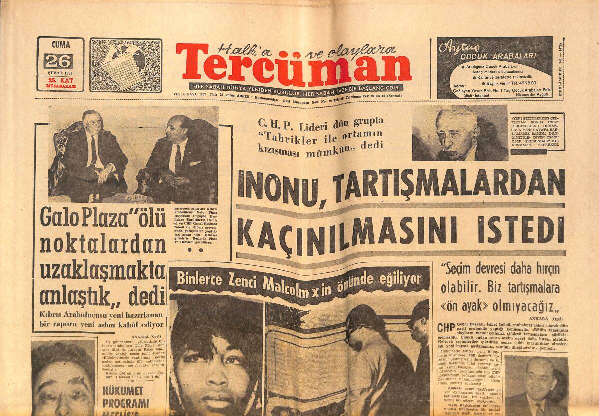 Tercüman Gazetesi 26 Şubat 1965 - Binlerce Zenci Malcolm X'in Önünde Eğiliyor - 12 Amerikan Uçağı G. Vietnam'ı Bombaladı GZ140433 - 1