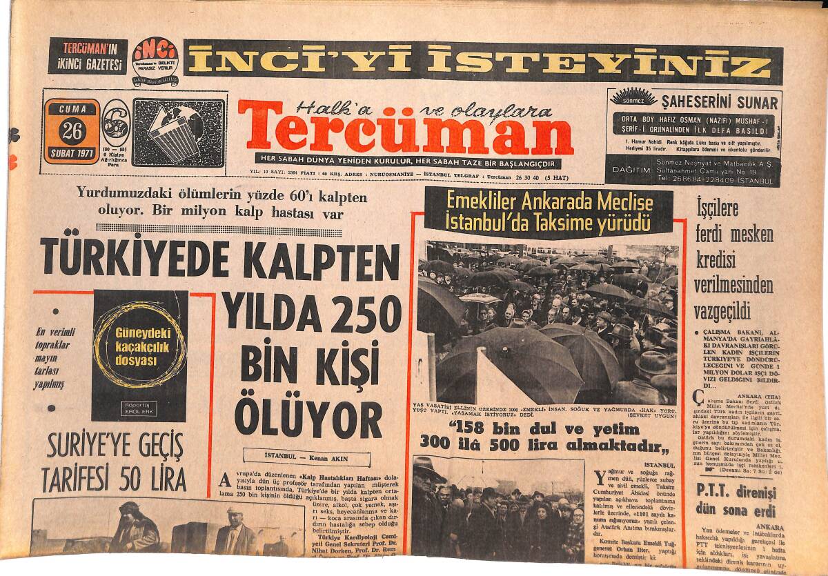 Tercüman Gazetesi 26 Şubat 1971 - Türkiye'de Kalpten Yılda 250 Bin Kişi Ölüyor - PTT Direnişi Dün Sona Erdi GZ144796 - 1