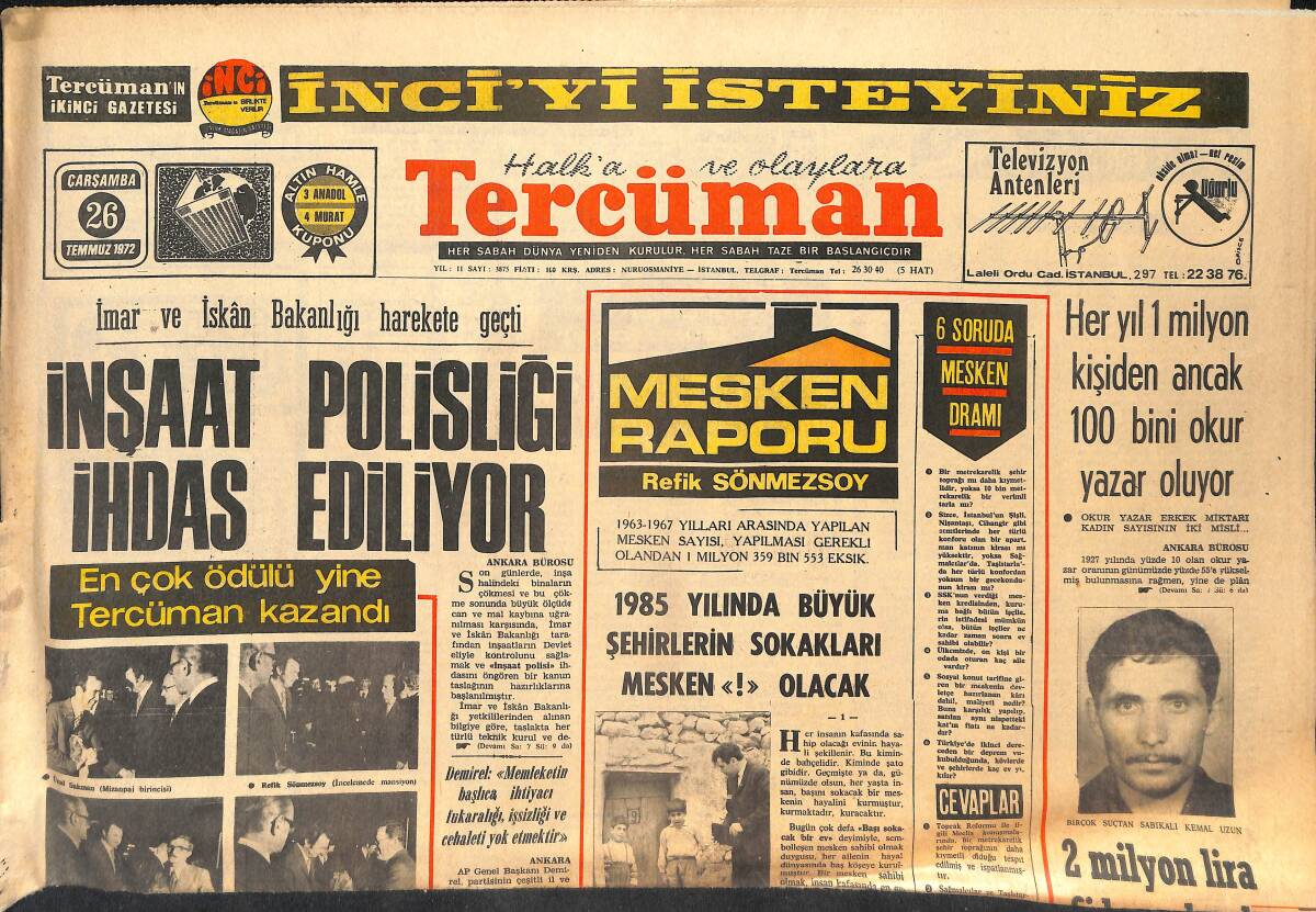 Tercüman Gazetesi 26 Temmuz 1972 - İnşaat Polisliği İhdas Ediliyor! - Metin Oktay: İzmir'de Bir Galatasaray Yaratacağız Dedi! GZ146064 - 1