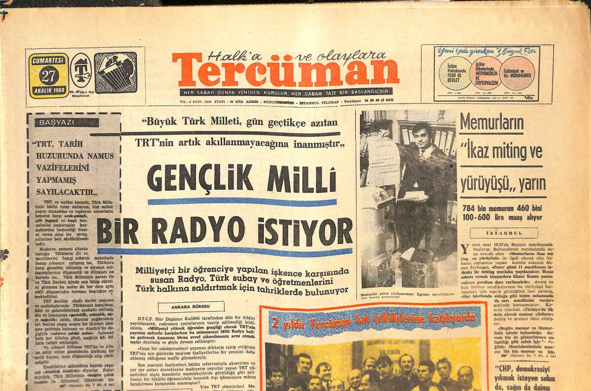 Tercüman Gazetesi 27 Aralık 1969 - Gençlik Milli Bir Radyo İstiyor! - Memurların İkaz Miting Ve Yürüyüşü Yarın GZ144390 - 1