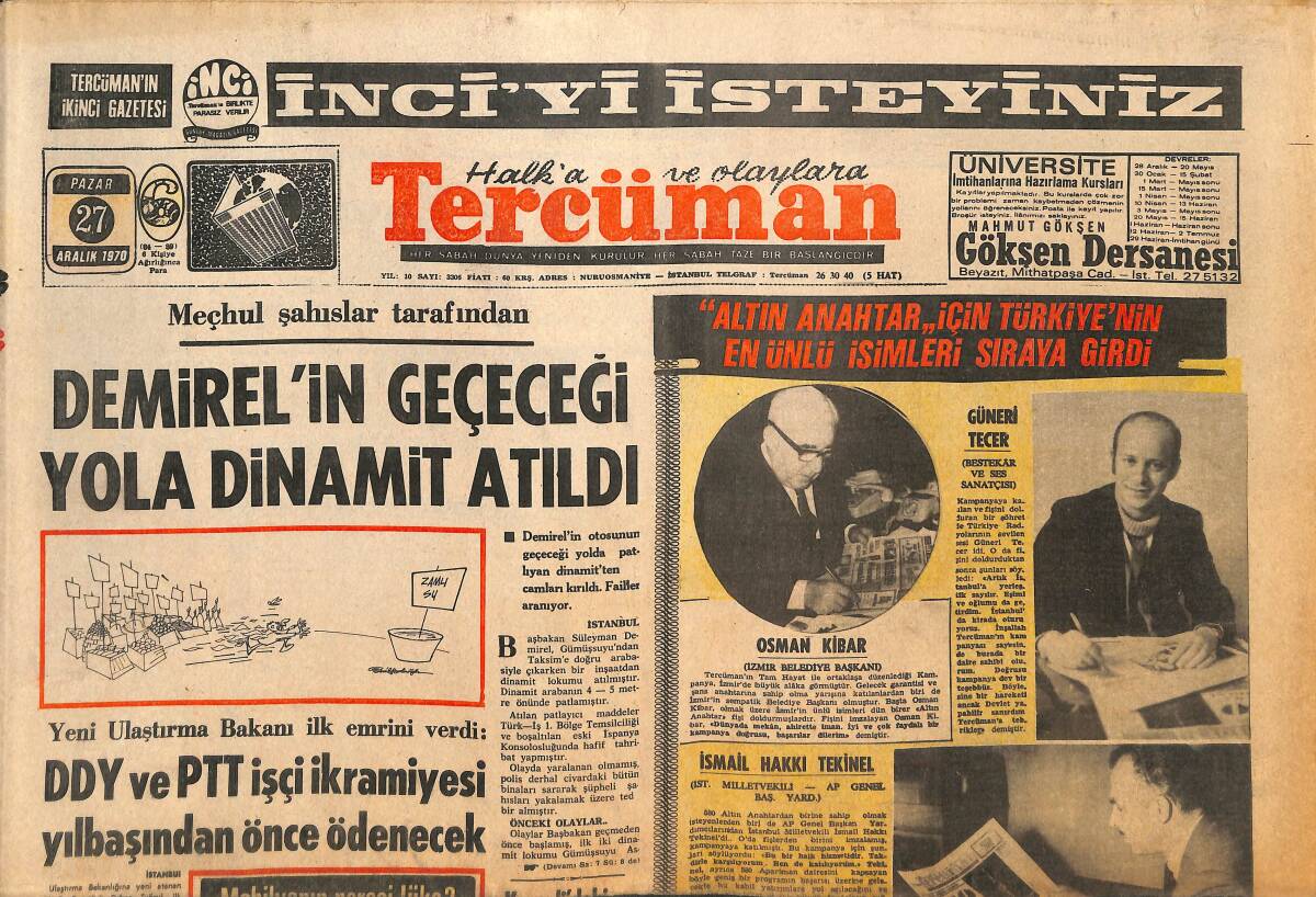 Tercüman Gazetesi 27 Aralık 1970 - Süleyman Demirel'in Geçeceği Yola Dinamit Atıldı - Karşıyaka İst. Spor İle Yenişemedi! GZ145971 - 1