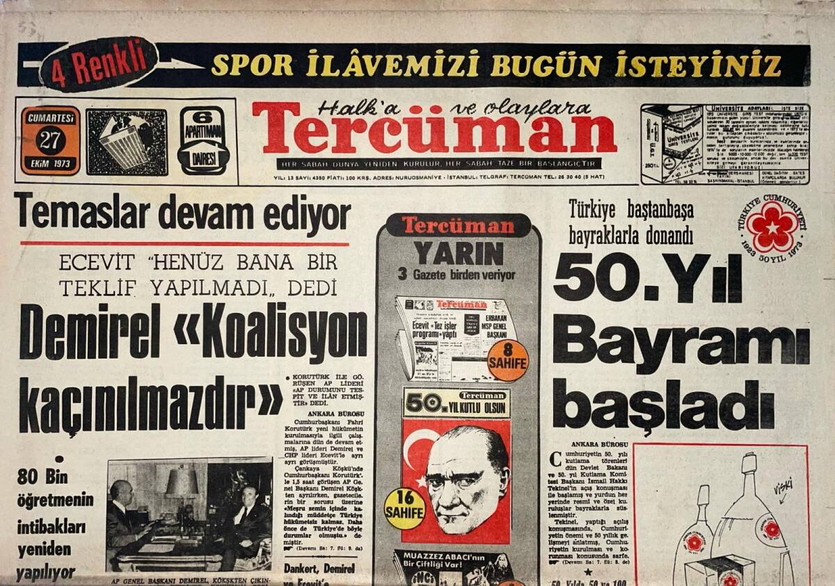 Tercüman Gazetesi 27 Ekim 1973 - Atatürk'ün Özel Diş Doktoruna Hediye Ettiği Nadide Eşyalar Satıldı - Eyüp'te Ramazan'ın Son Cuma'sı GZ141240 - 1