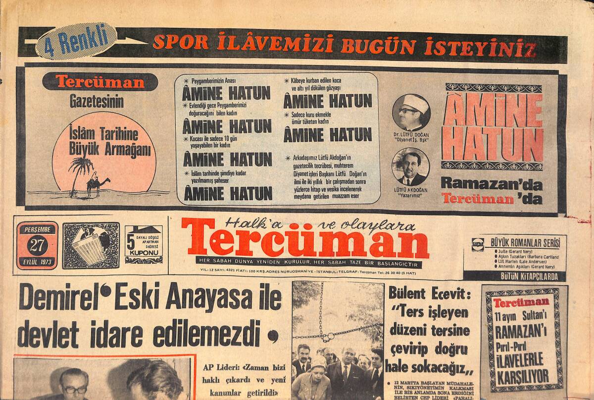 Tercüman Gazetesi 27 Eylül 1973 - Marksistler CHP'Yİ Ele Geçirmek İstiyor - Demirel Eski Anayasa İle Devlet İdare Edilemezdi! GZ146061 - 1