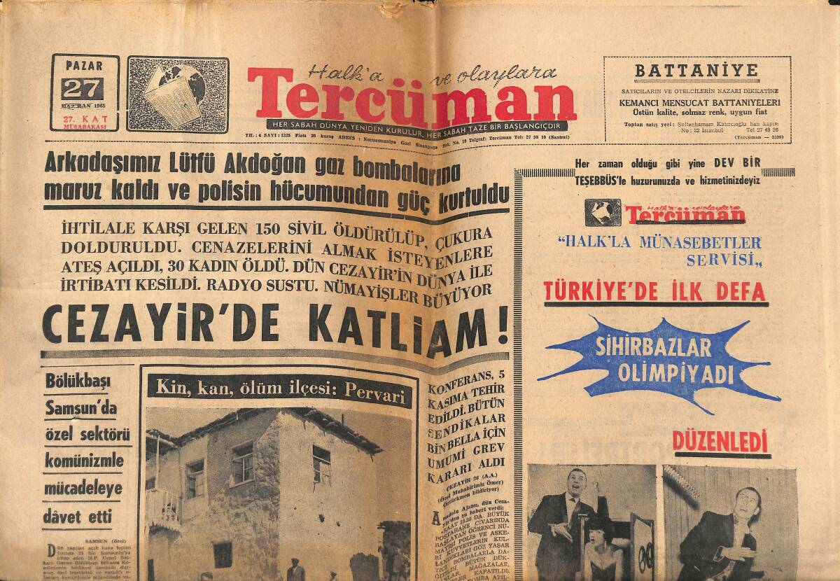 Tercüman Gazetesi 27 Haziran 1965 - Pervari Belediye Başkanını Mermiler Ölüm İçin Kovalıyor! - F.Bahçe Ercan, Cevdet Ve Bülent'le Anlaştı! GZ140582 - 1