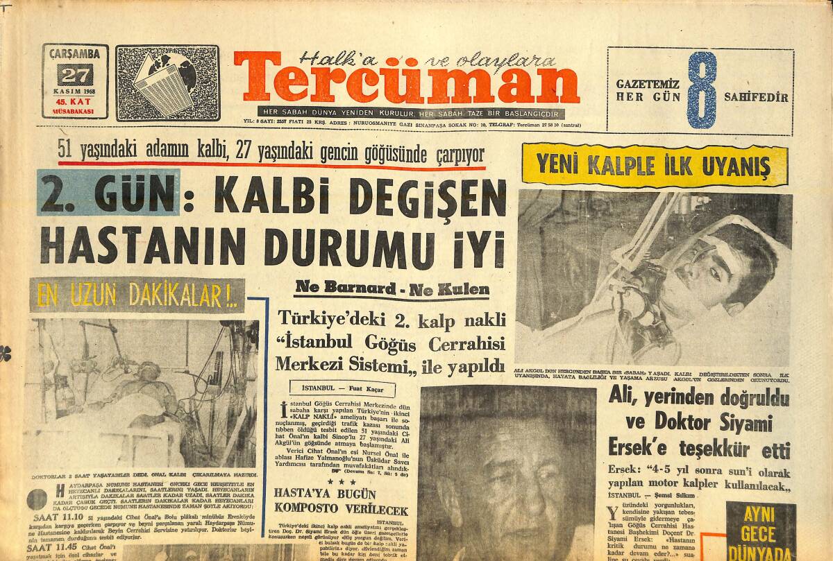 Tercüman Gazetesi 27 Kasım 1968 - 2.Gün Kalbi Değişen Hastanın Durumu İyi - Doktor Barnard Hayvan Uzuvlarını İnsanlara Takacak GZ141732 - 1