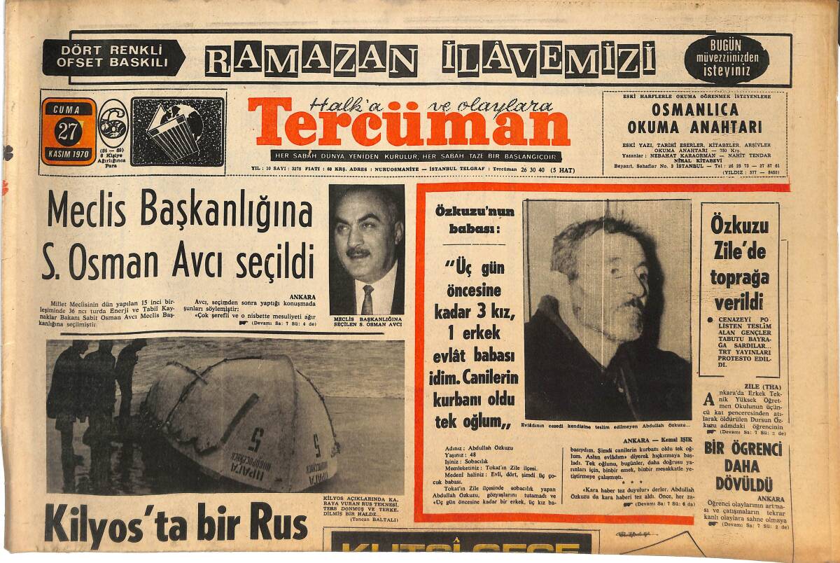 Tercüman Gazetesi 27 Kasım 1970 - Meclis Başkanlığına S. Osman Avcı Seçildi - Özkuzu Zile'de Toprağa Verildi GZ145088 - 1