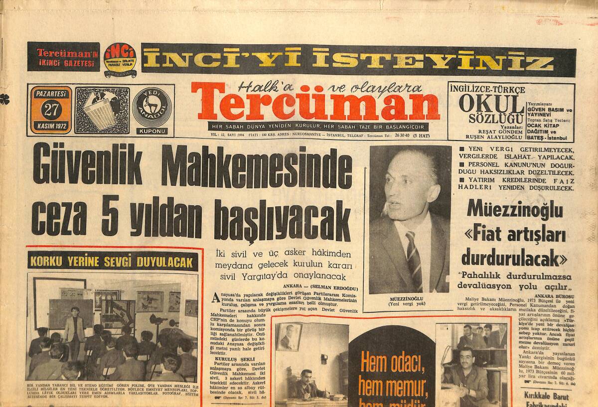 Tercüman Gazetesi 27 Kasım 1972 - Bayar'ın Tutumu Ülkenin Geleceğini Tayin Edecekti - PTT Müdürü İşi Bitince Kapı Kapı Dolaşıp Mektup Dağıtıyor GZ145612 - 1