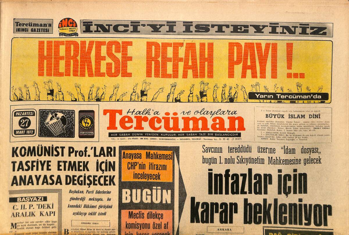 Tercüman Gazetesi 27 Mart 1972 - İnfazlar İçin Karar Bekleniyor - Metin Oktay Yazıyor GZ146221 - 1