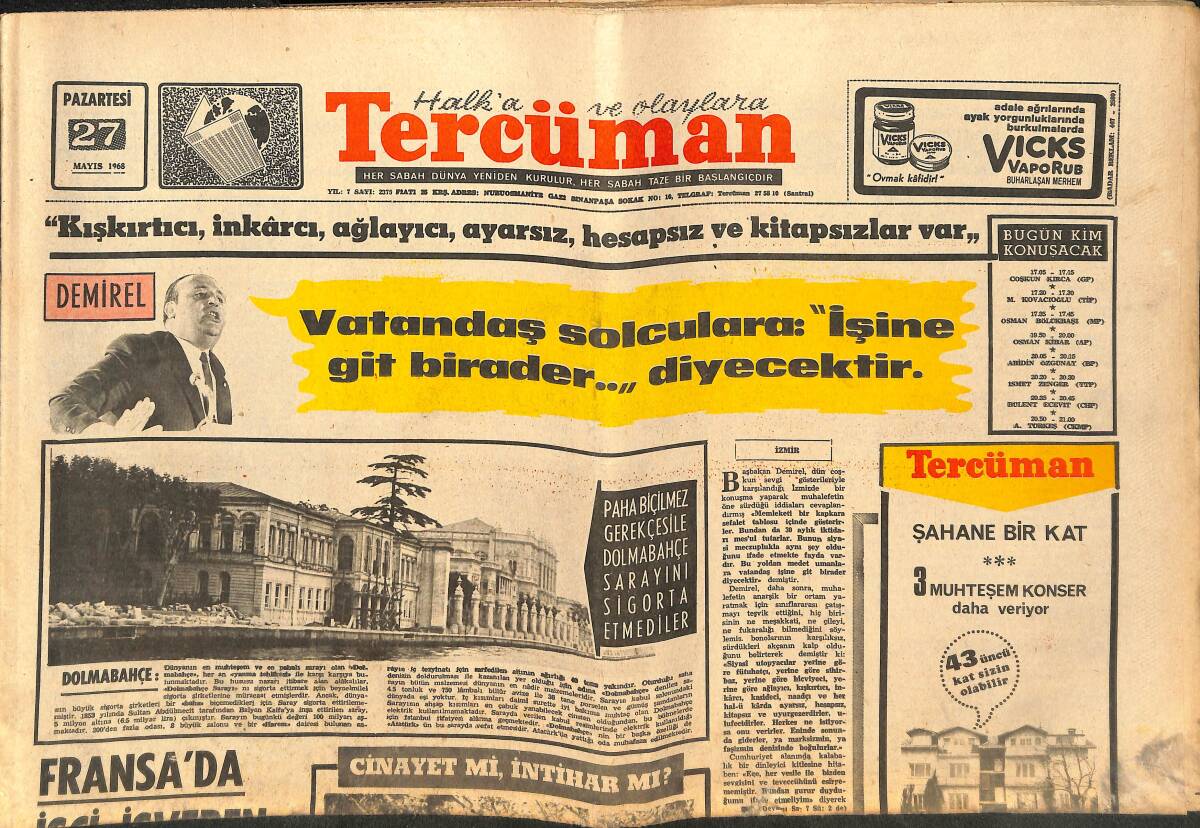 Tercüman Gazetesi 27 Mayıs 1968 - Demirel: Vatandaş Solculara İşine Git Birader Diyecektir - Galatasaray Ve Beşiktaş Birbirini Topa Tuttu 4-4 GZ141453 - 1