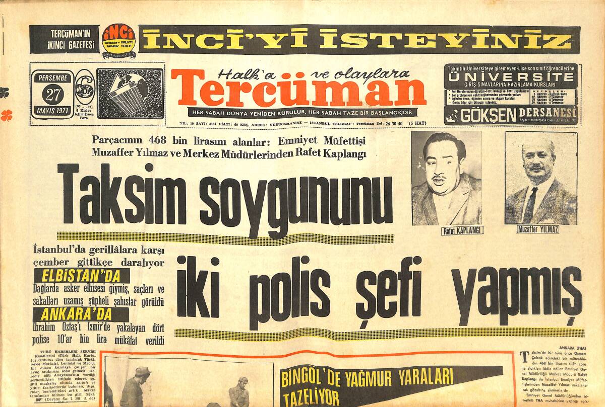 Tercüman Gazetesi 27 Mayıs 1971 - Taksim Soygununu İki Polis Yapmış - Onassis, Panathinaikos'a Bir Tanker Verecek GZ144593 - 1