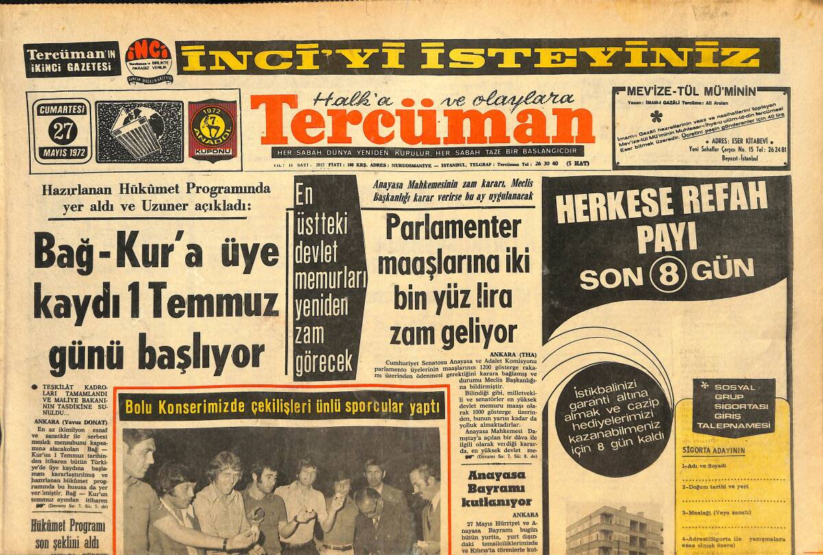 Tercüman Gazetesi 27 Mayıs 1972 - 1962'den Önceki Vergi Borçlarının Affı İstendi - 4 G. Saraylı Merkez Ceza Kurulunda GZ145718 - 1