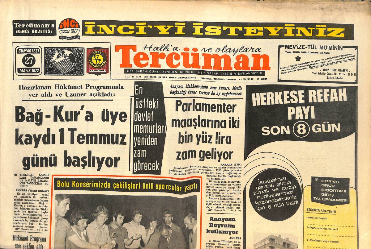Tercüman Gazetesi 27 Mayıs 1972 - Anadol'lar Tekirdağ Ve Derince'ye Çıktı - Kemal Belgin Kiraz Ailesi İle Sohbette! GZ144658 - 1