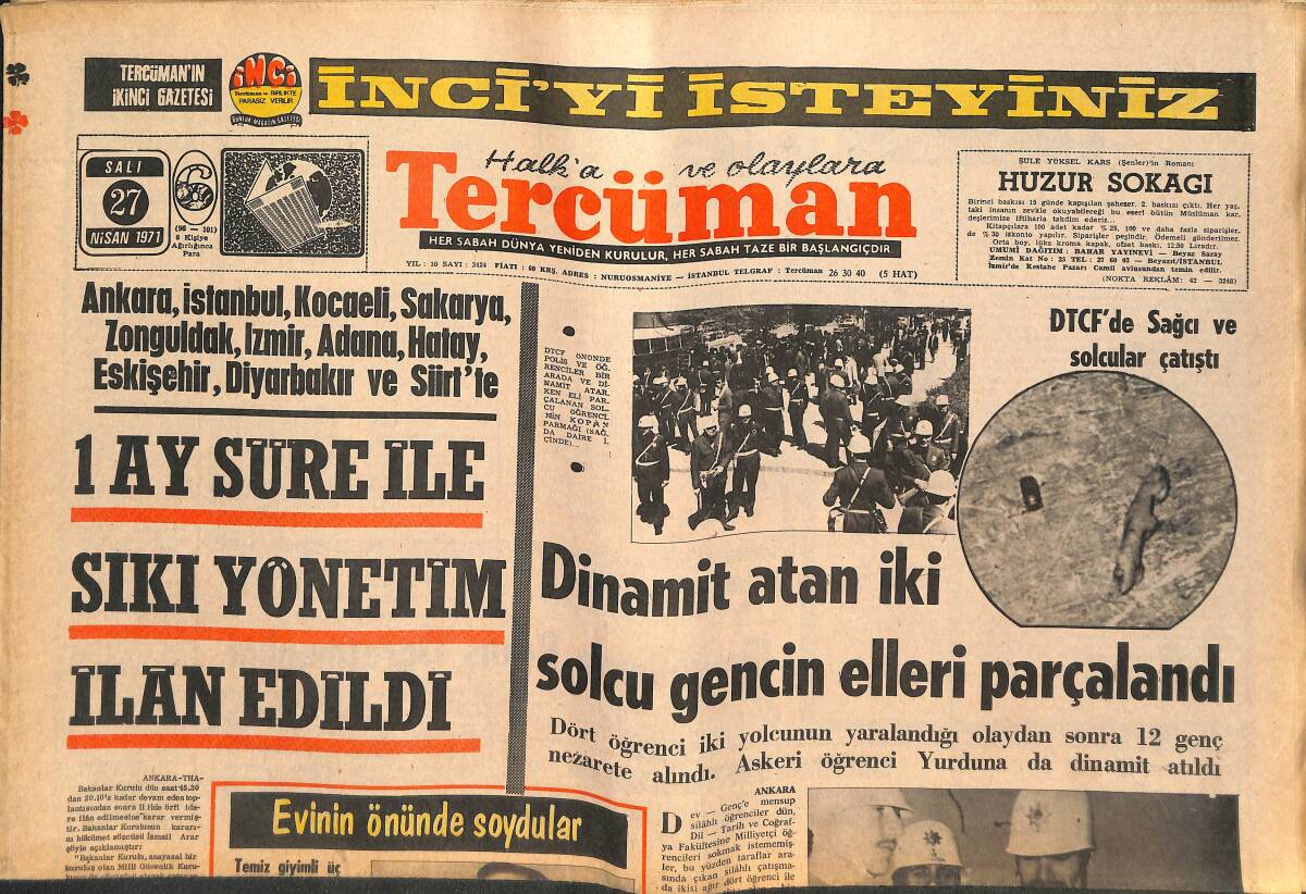 Tercüman Gazetesi 27 Nisan 1971 - Dinamit Atan İki Solcu Gencin Elleri Parçalandı - 1 Ay Süre İle Sıkı Yönetim İlan Edildi GZ141764 - 1
