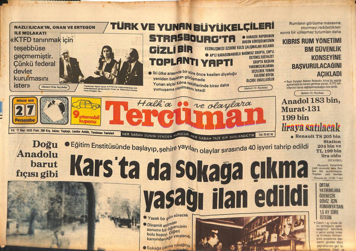 Tercüman Gazetesi 27 Nisan 1978 - Kars'ta Sokağa Çıkma Yasağı İlan Edildi - Cüneyt Arkın '' Tehdit İle Başrol Oynadığım İddiaları Yalandır '' GZ134433 - 1