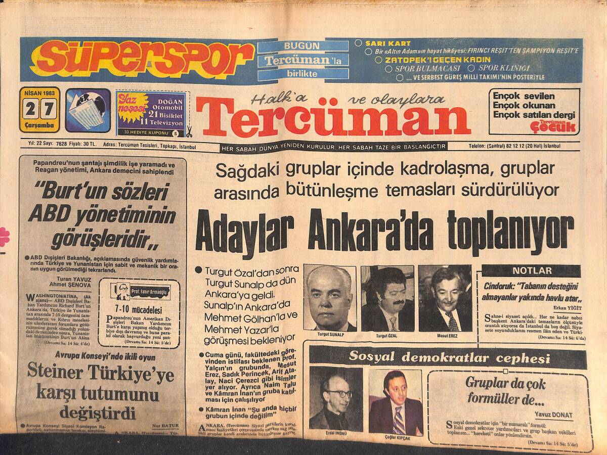 Tercüman Gazetesi 27 Nisan 1983 - Prof. Güngör Toprağa Verildi - Steiner Türkiye'ye Karşı Tutumunu Değiştirdi GZ134462 - 1