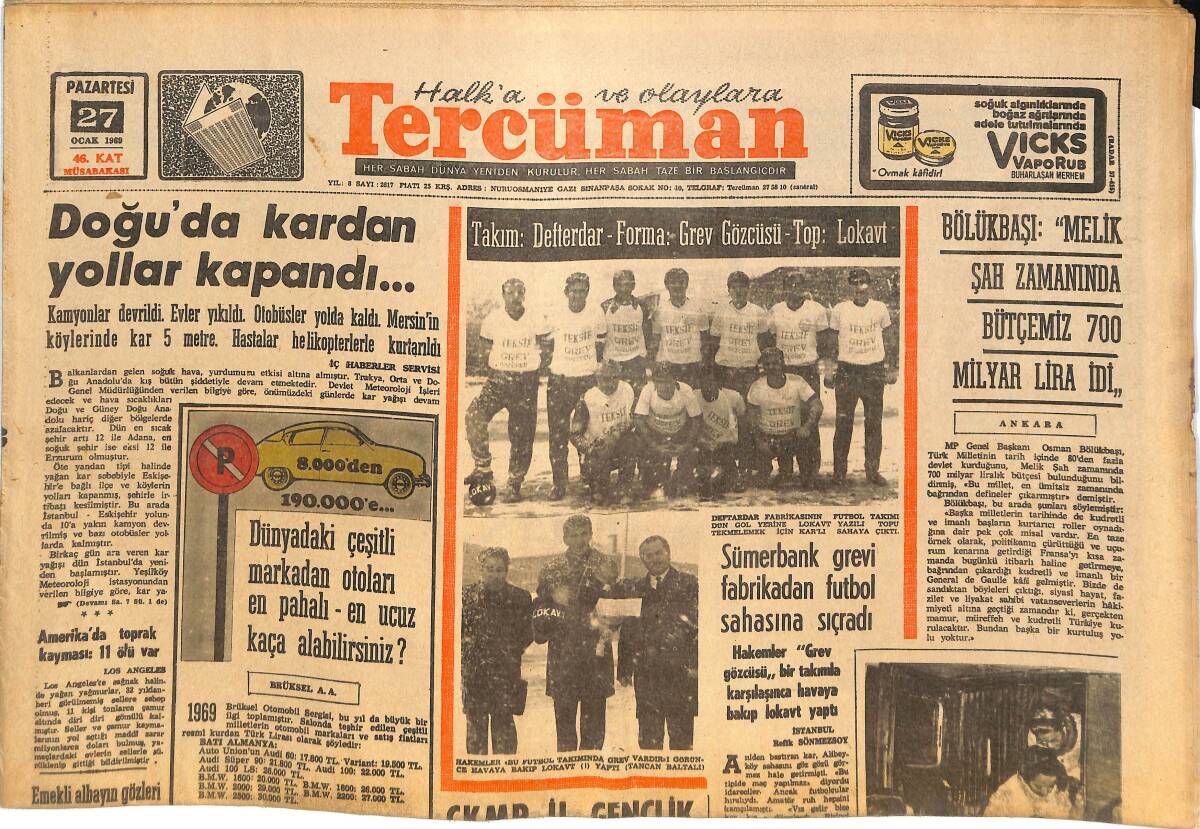 Tercüman Gazetesi 27 Ocak 1969 - Sümerbank Grevi Fabrikadan Futbola Sıçradı - Ürdün'den İsrail'e Havan Mermisi Atıldı GZ144861 - 1