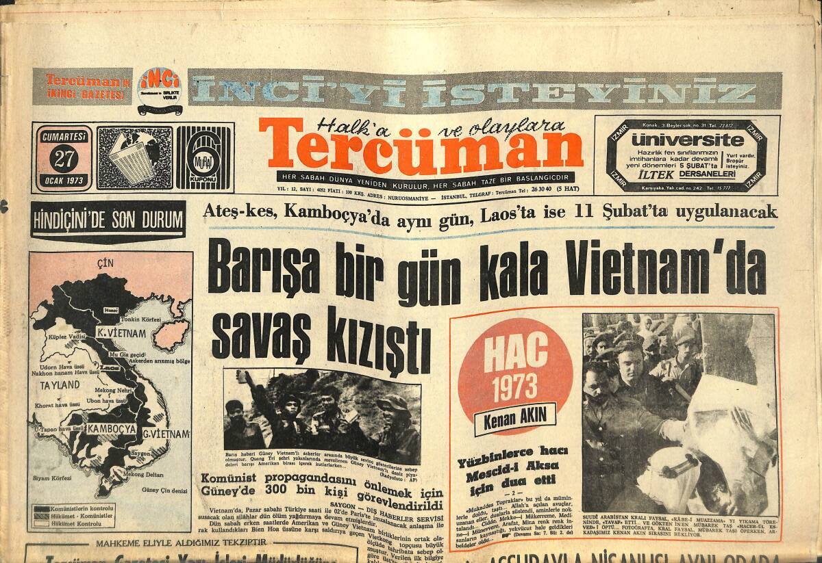 Tercüman Gazetesi 27 Ocak 1973 - Barışa Bir Gün Kala Vietnam'da Savaş Kızıştı - Muhammed Ali Clay '' Halkın Şampiyonu Benim... '' GZ141557 - 1