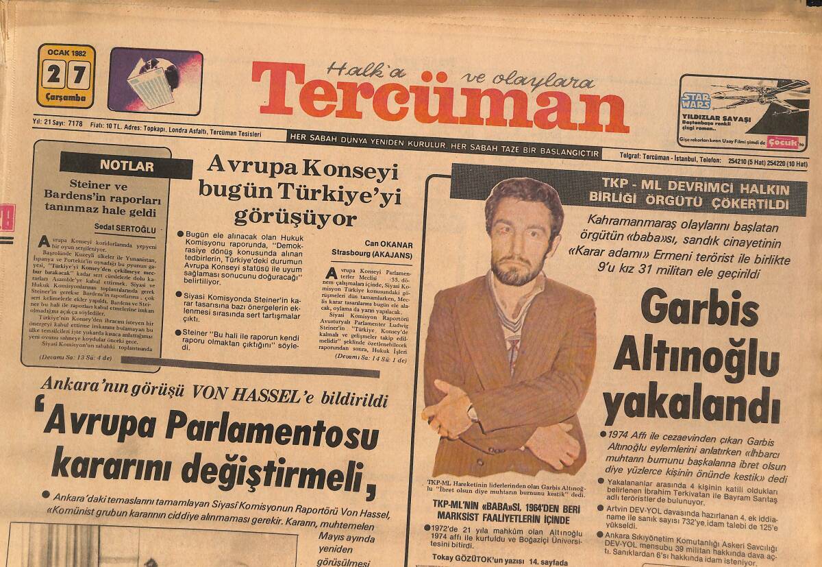 Tercüman Gazetesi 27 Ocak 1982 - Garbis Altınoğlu Yakalandı - MHP Davasını Fransız TV Ekibi Filme Aldı! GZ146515 - 1