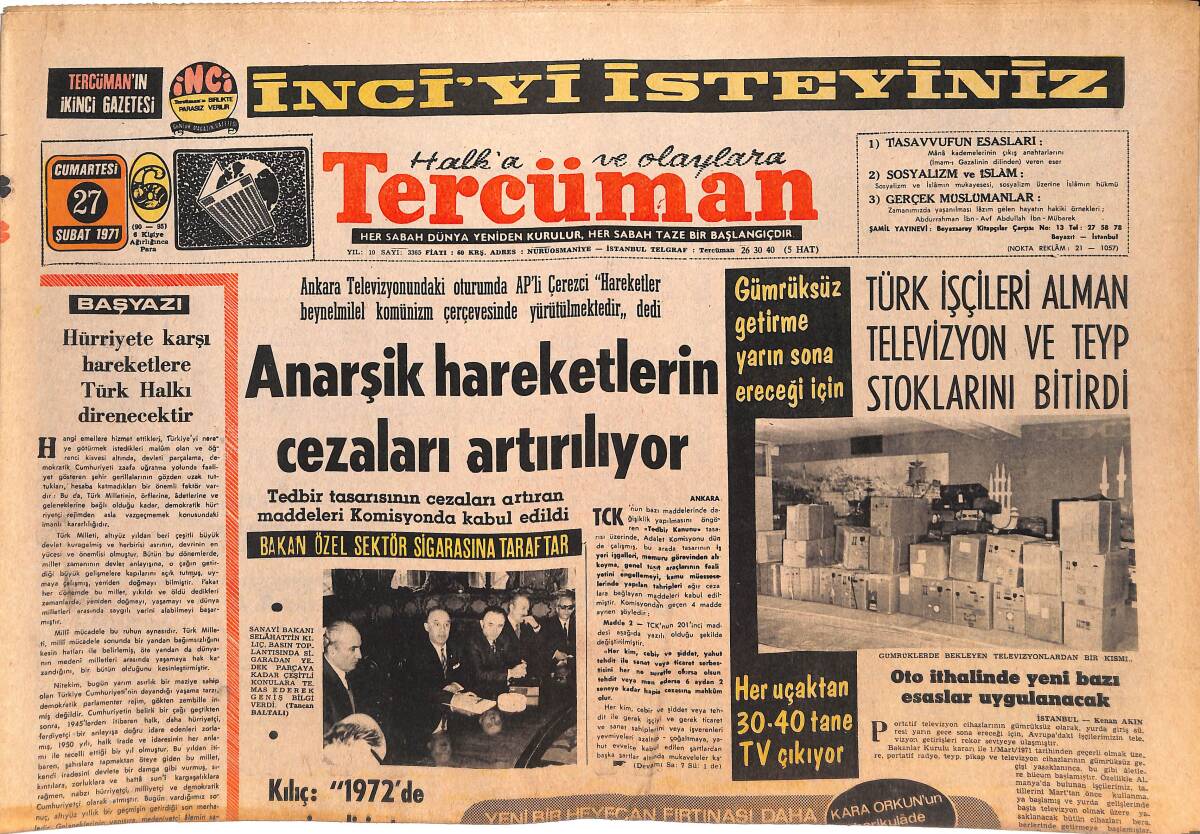 Tercüman Gazetesi 27 Şubat 1971 - Kızıl Çin'in Pazarı Olduk - Anarşik Hareketlerin Cezaları Artırılıyor GZ144797 - 1
