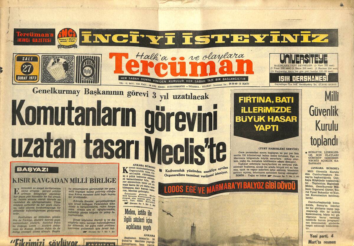 Tercüman Gazetesi 27 Şubat 1973 - Dünya Kupası'ndan Türkiye Kupası'na Dönüş - Komutanların Görevini Uzatan Tasarı Meclis'te GZ141561 - 1