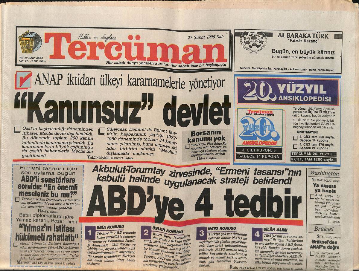 Tercüman Gazetesi 27 Şubat 1990 - ANAP Ülkeyi Kararnamelerle Yönetiyor - Fenerbahçe'yi Yönetim Yıktı GZ155830 - 1