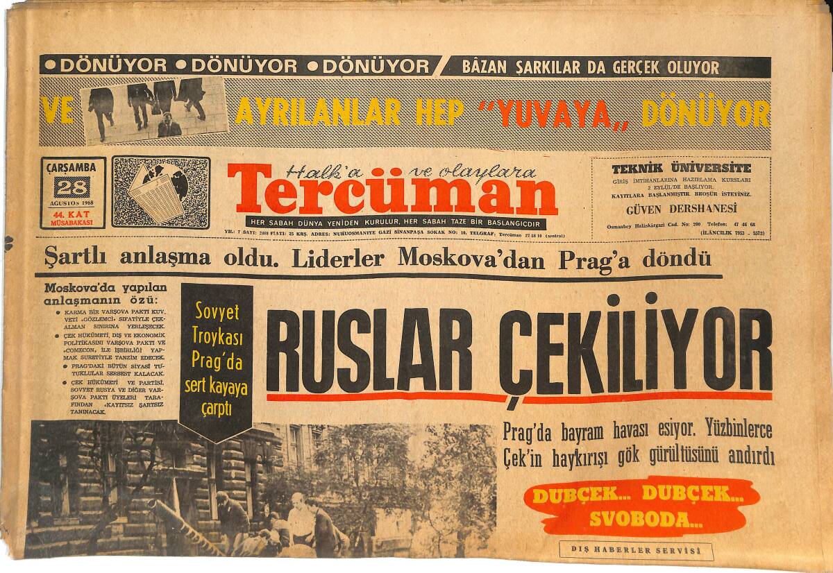Tercüman Gazetesi 28 Ağustos 1968 - Sovyet Troykası Prag'da Sert Kayaya Çarptı - Olimpiyatlarda Müthiş Türkler GZ144867 - 1