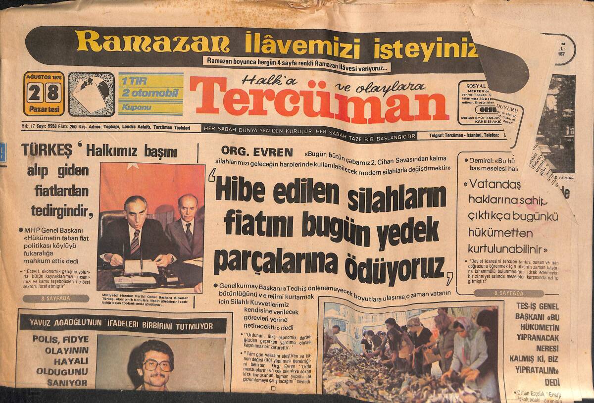 Tercüman Gazetesi 28 Ağustos 1978 - Ajda Pekkan '' Halka Dönük '' Konserlerinden 3 Milyon Lira Kazandı - Antonio Cervantos Ünvanını Korudu GZ134535 - 1