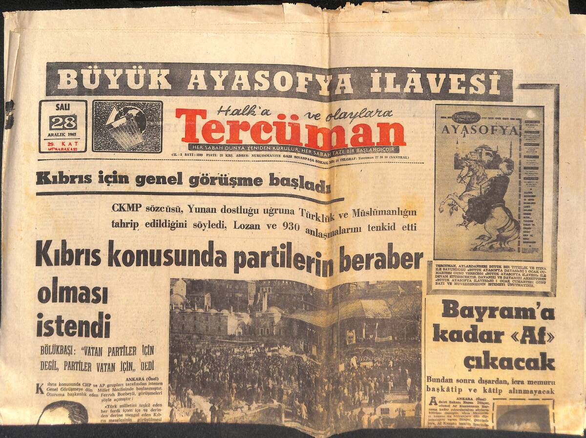 Tercüman Gazetesi 28 Aralık 1965 - Kıbrıs Konusunda Partilerin Beraber Olması İstendi - Ali Sami Yen Stadı İnceleniyor GZ146753 - 1