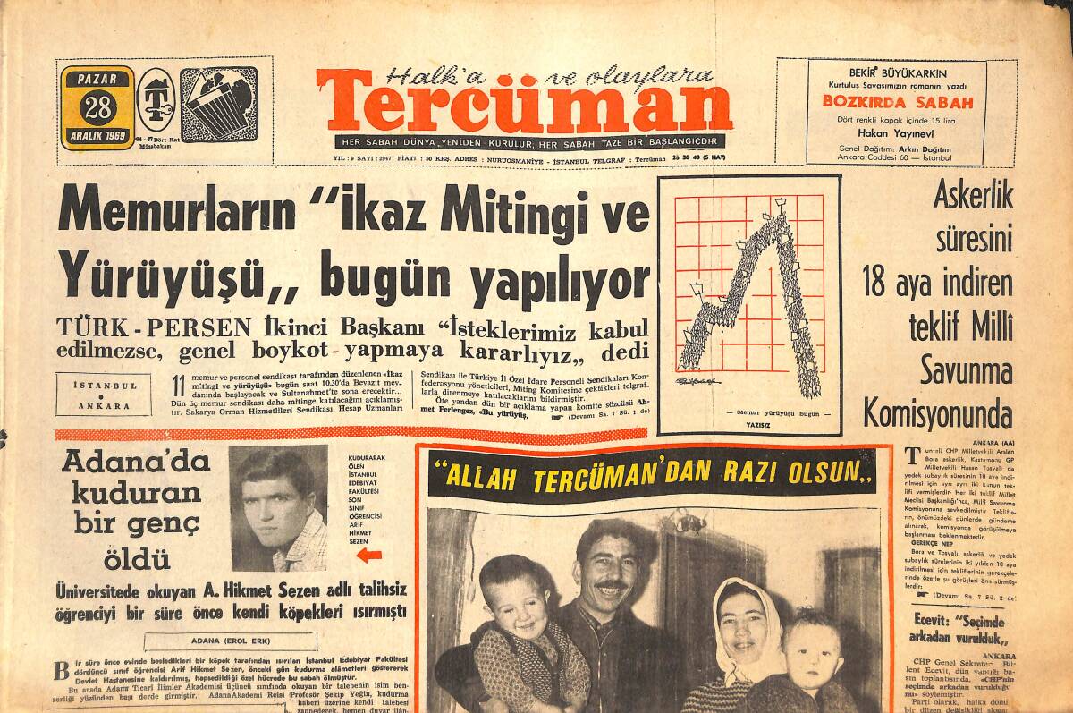Tercüman Gazetesi 28 Aralık 1969 - Atatürk Koşusunu Şükrü Saban Kazandı! - Askerlik Süresini 18 Aya İndiren Teklif Milli Savunma Komisyonunda! GZ144391 - 1