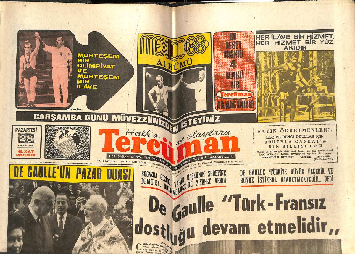 Tercüman Gazetesi 28 Ekim 1968 - Konya Saz Sesleri İle İnliyor... - De Gaulle'ün Pazar Duası GZ143418 - 1