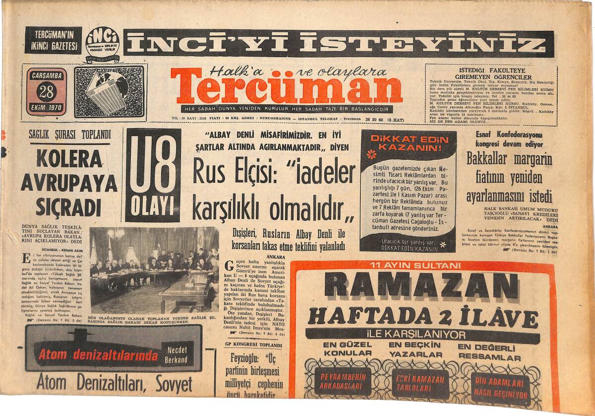 Tercüman Gazetesi 28 Ekim 1970 - Rus Elçisi: İadeler Karşılıklı Olmalıdır! - Kolera Avrupa'ya Sıçradı! - Clay, Quarry'ye Ringi Zehir Etti! GZ144971 - 1