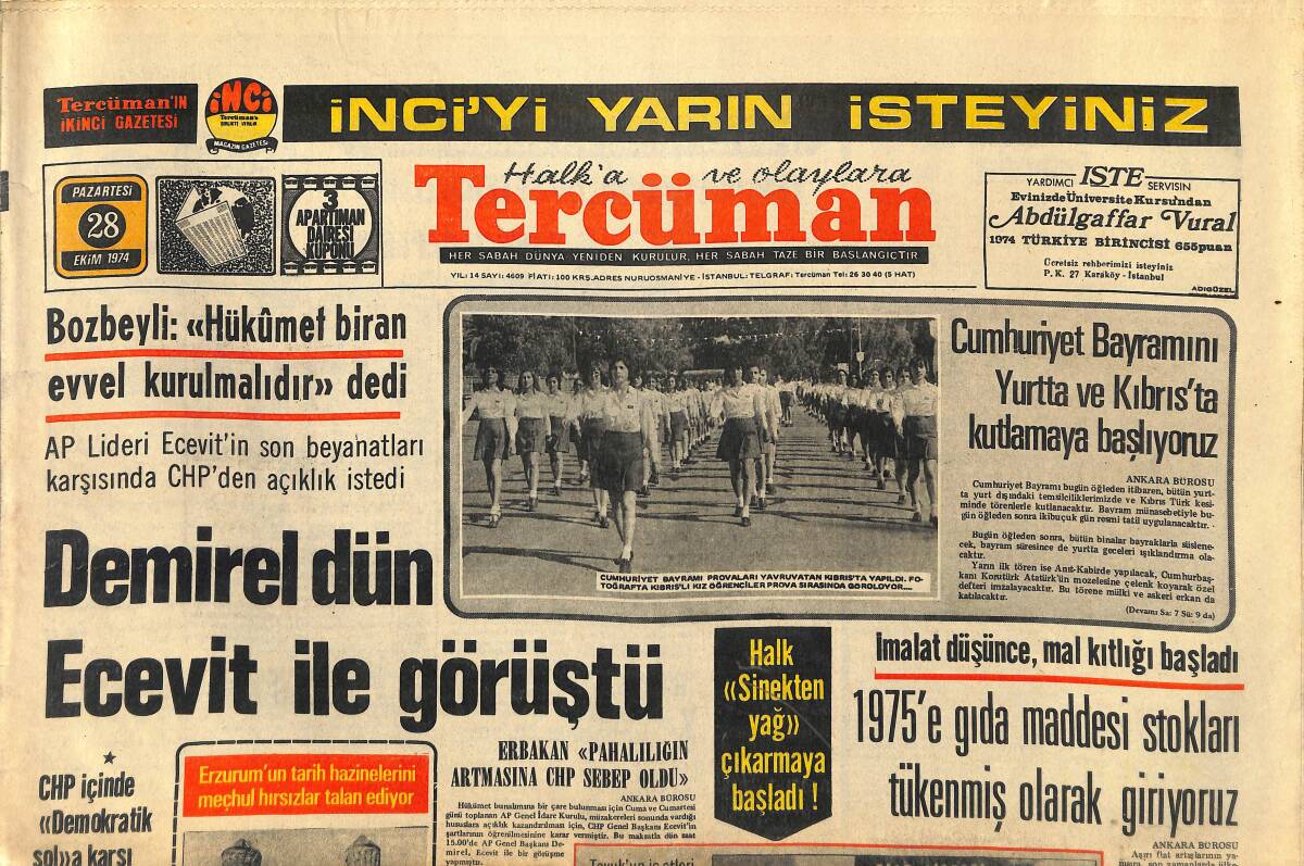 Tercüman Gazetesi 28 Ekim 1974 - Demirel Dün Ecevit İle Görüştü - Fenerbahçe Galatasaray Puan Paylaştı GZ145891 - 1