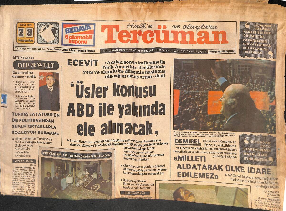 Tercüman Gazetesi 28 Eylül 1978 - Hafta Sonu Beşiktaş, Fenerbahçe Derbisi Var - Muhammed Ali, Ne Tamam Diyor Ne Devam Diyor GZ133217 - 1