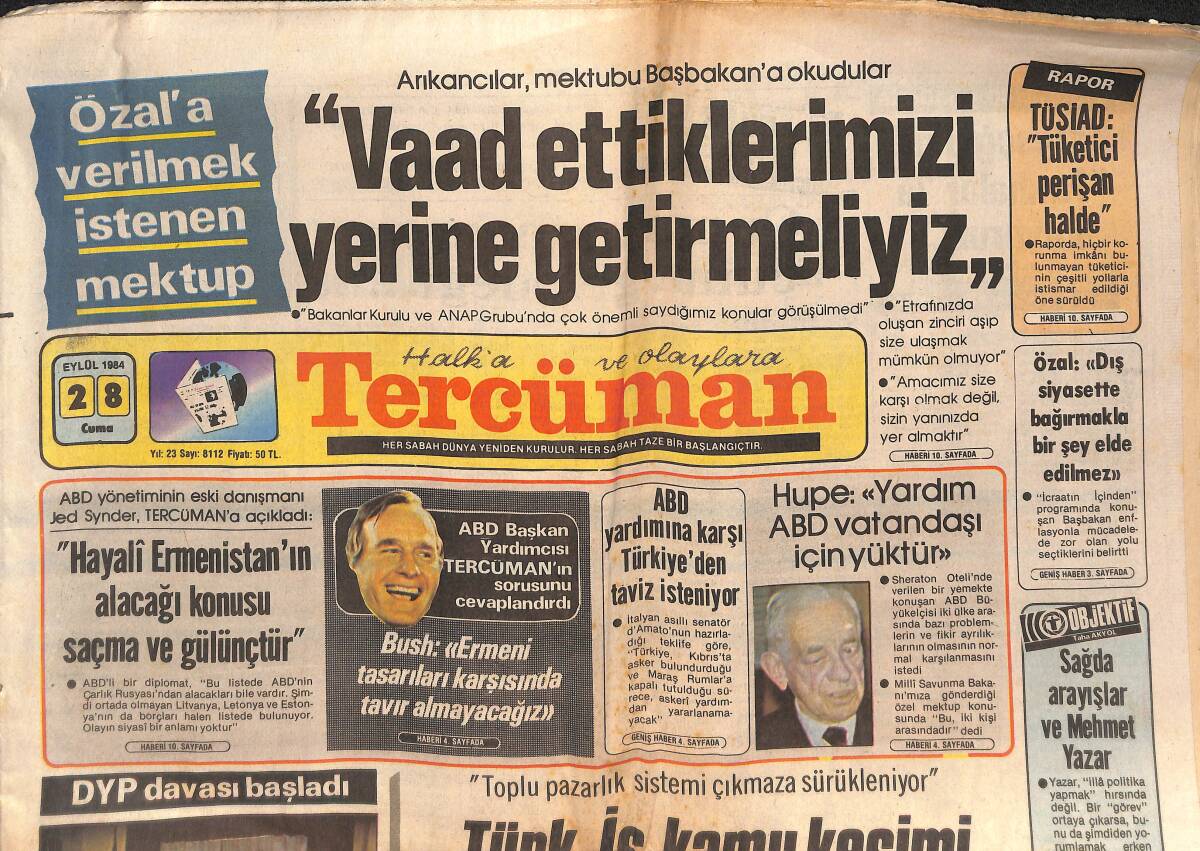 Tercüman Gazetesi 28 Eylül 1984 - Mısır Emniyetinden Bursa'ya Ziyaret - Bush : Ermeni Tasarıları Karşısında Tavır Almayacağız GZ133969 - 1