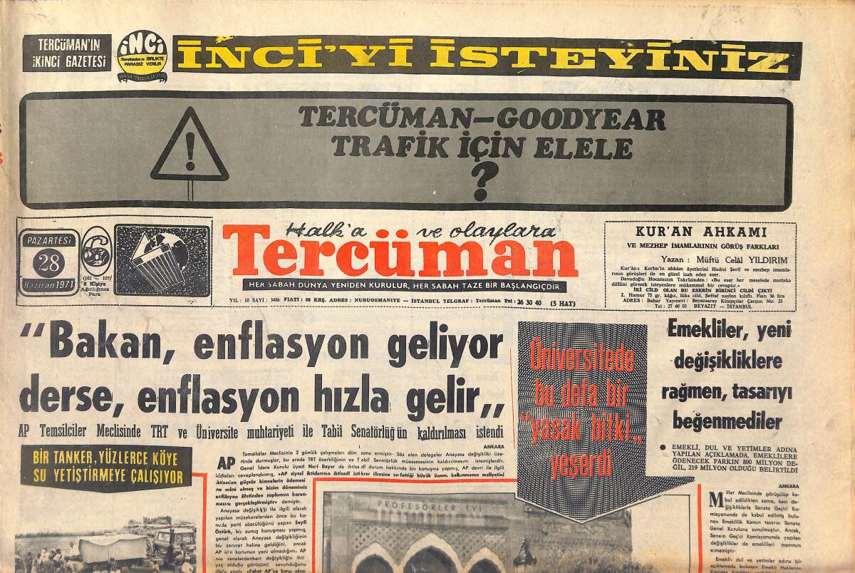 Tercüman Gazetesi 28 Haziran 1971 - Bakan, Enflasyon Geliyor Derse, Enflasyon Hızla Gelir - Türk Güreşi Tabuta Girmiştir! GZ146039 - 1
