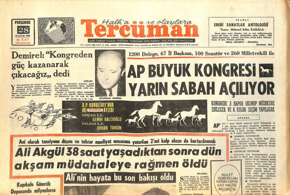 Tercüman Gazetesi 28 Kasım 1968 - Ruslar , Amerika'dan Önce Ay Çevresine 3 Astronot Gönderecek - AP Büyük Kongresi Yarın Sabah Açılıyor GZ141733 - 1