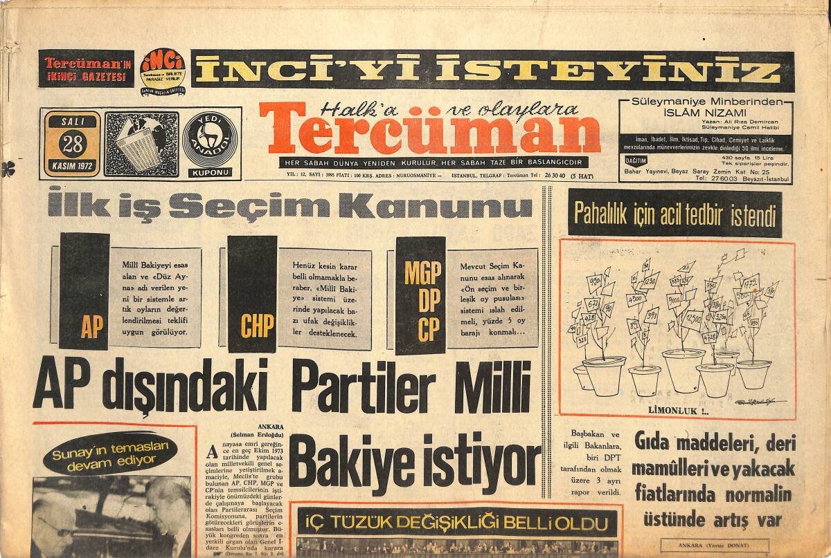 Tercüman Gazetesi 28 Kasım 1972 - AP Dışındaki Partiler Milli Bakiye İstiyor - İznik Hükümet Tabibi Vuruldu GZ145111 - 1