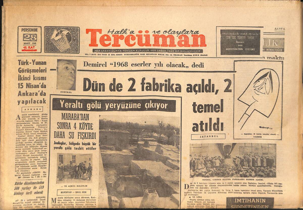 Tercüman Gazetesi 28 Mart 1968 - Süleyman Demirel, Bu Yıl Eserler Yılı Olacak Dedi! - Radyo Ruhsatına Zam Yapılıyor! GZ145239 - 1