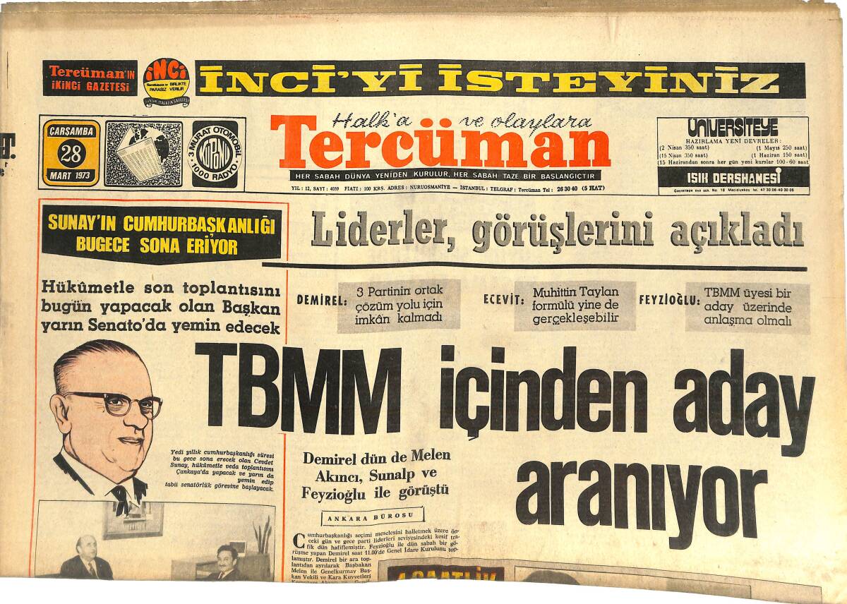 Tercüman Gazetesi 28 Mart 1973 - TBMM İçinden Aday Aranıyor - Mustafa Ertan Trabzon'u Bıraktı! GZ144702 - 1