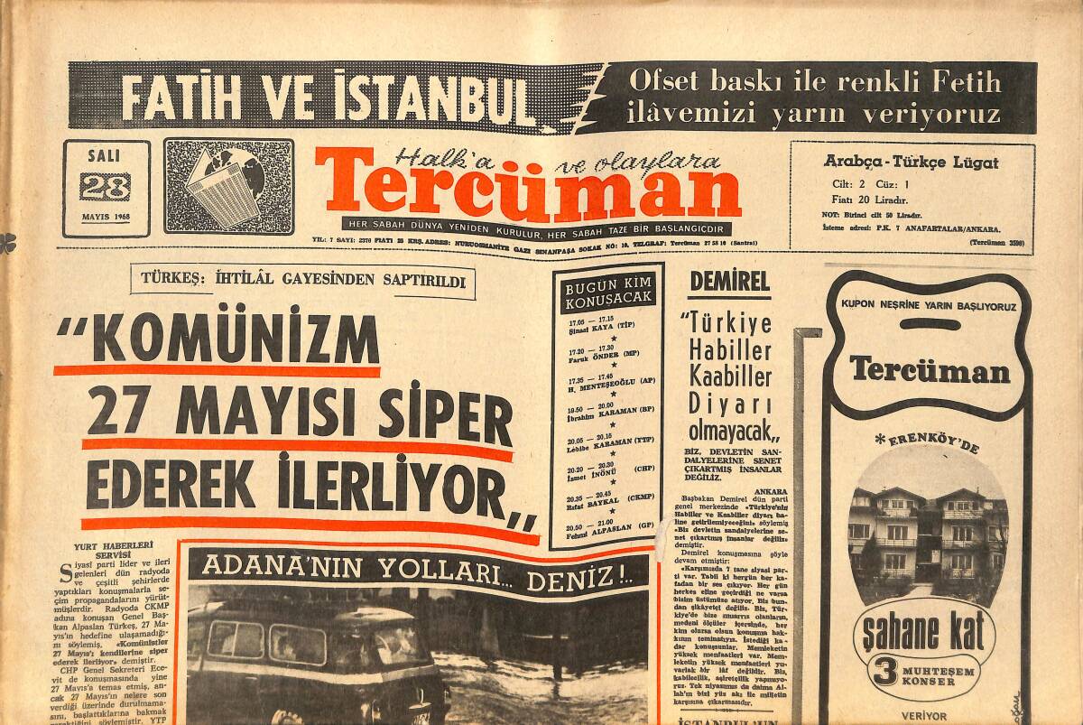 Tercüman Gazetesi 28 Mayıs 1968 - Fenerbahçe Taraftarlarıyla Balkan Kupasında Barışacak - Adana'nın Yolları.. Deniz! GZ141454 - 1