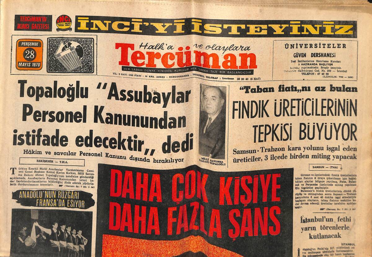 Tercüman Gazetesi 28 Mayıs 1970 - Paris, Türk Folkloruna Hayran Kaldı - Taban Fiyatını Az Bulan Fındık Üreticilerinin Tepkisi Büyüyor GZ150428 - 1