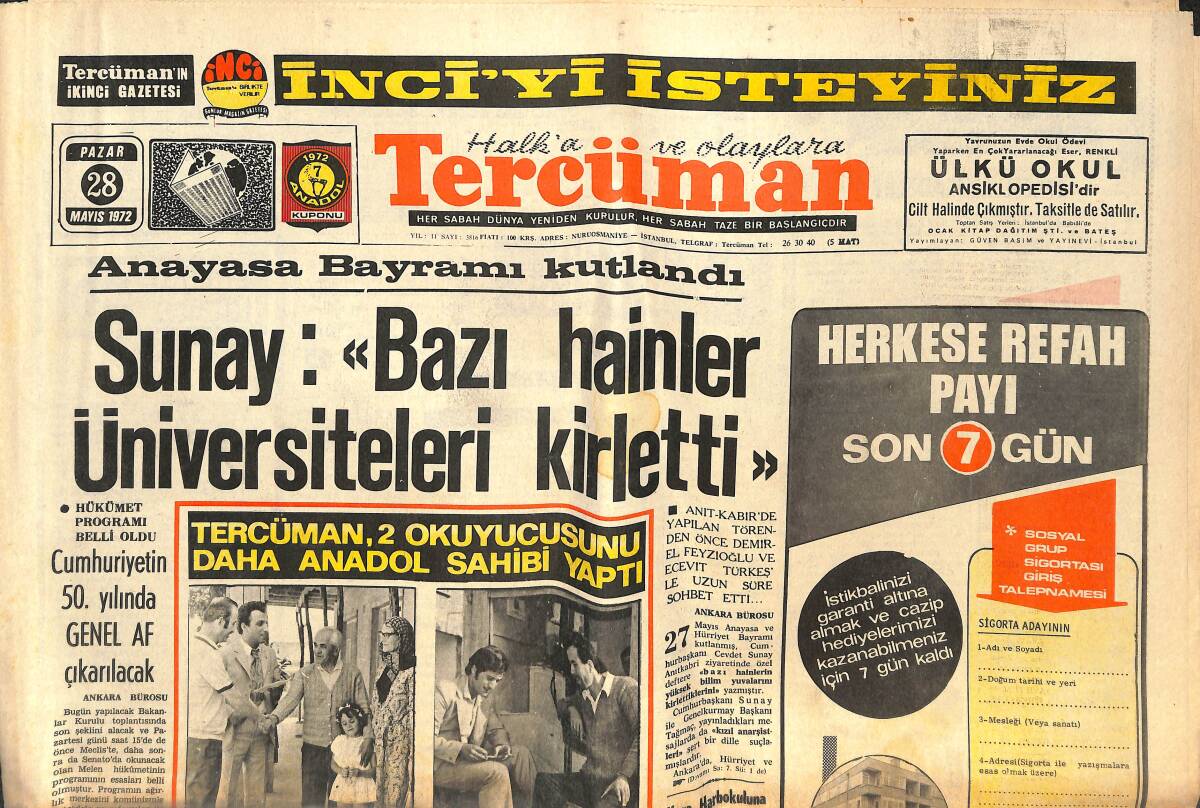 Tercüman Gazetesi 28 Mayıs 1972 - Cevdet Sunay: Bazı Hainler Üniversiteleri Kirletti - Lig İçin Tatil, Galatasaray İçin Şampiyonluk! GZ144659 - 1