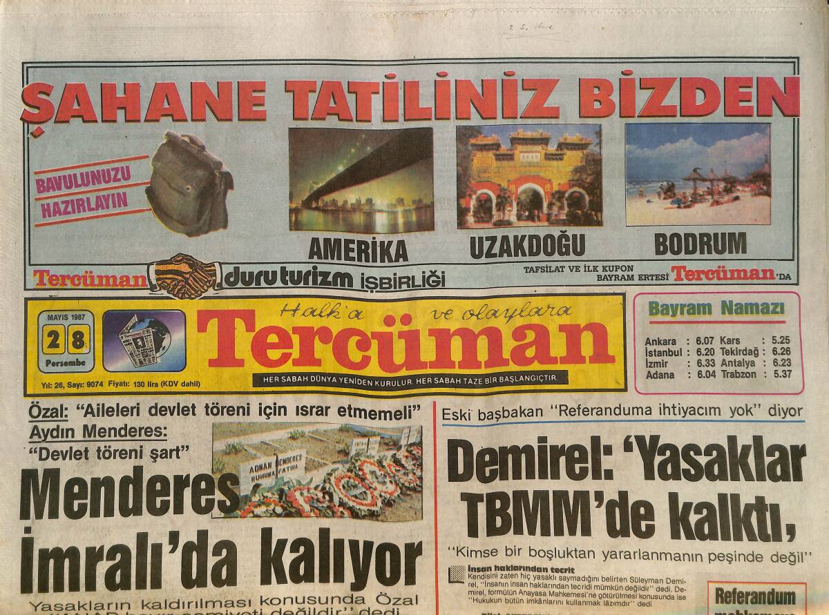 Tercüman Gazetesi 28 Mayıs 1987 - Menderes İmralı'da Kalıyor - ANAP Zirvesinde Gaziantep Kavgası GZ150316 - 1