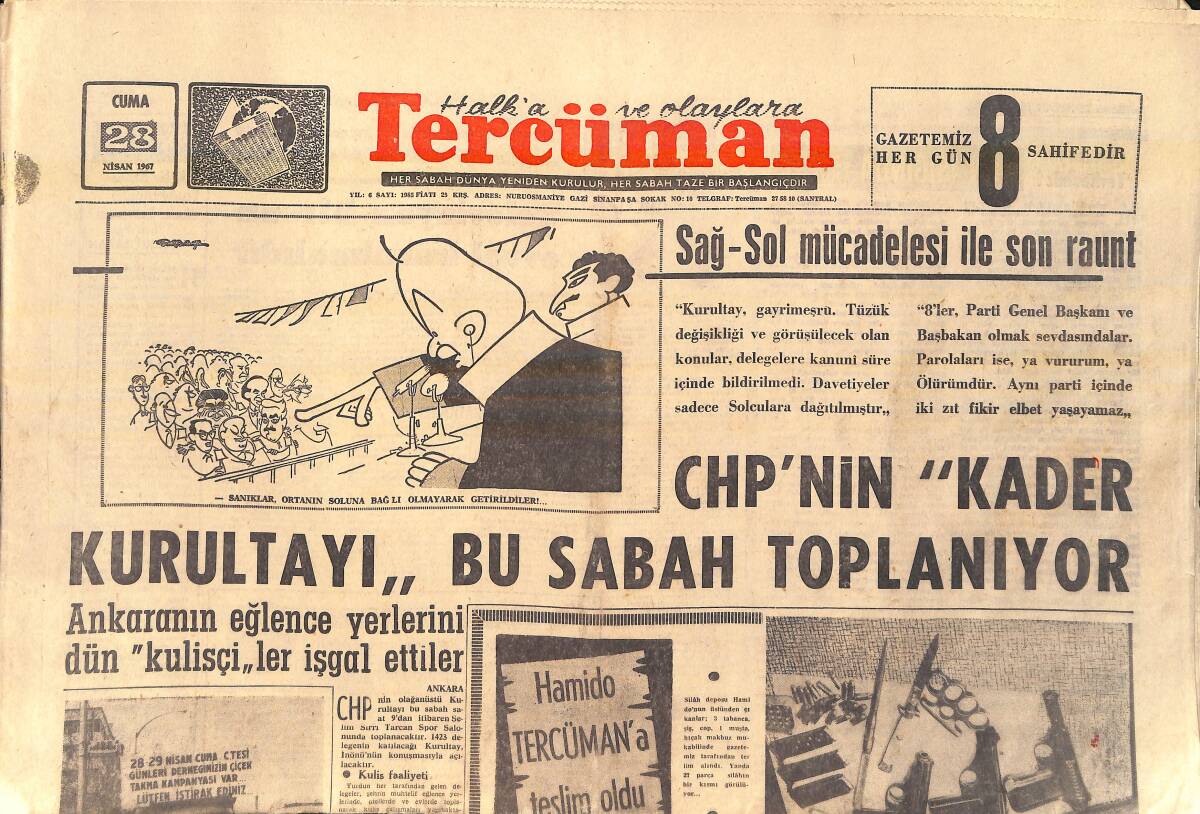 Tercüman Gazetesi 28 Nisan 1967 - Karadeniz Samsunspor'un Galibiyeti İle Çalkalanıyor - Sağ Sol Mücadelesi İle Son Raunt GZ156649 - 1