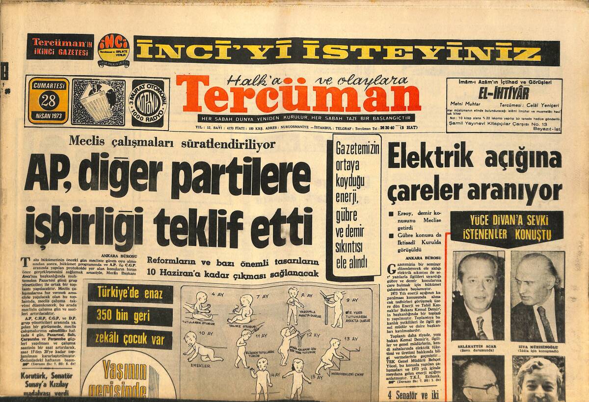 Tercüman Gazetesi 28 Nisan 1973 - Galatasaray Ajax Gibi Oynayacak - Batı Trakya Türklerinin Durumu Meclis'e Getirildi GZ145611 - 1