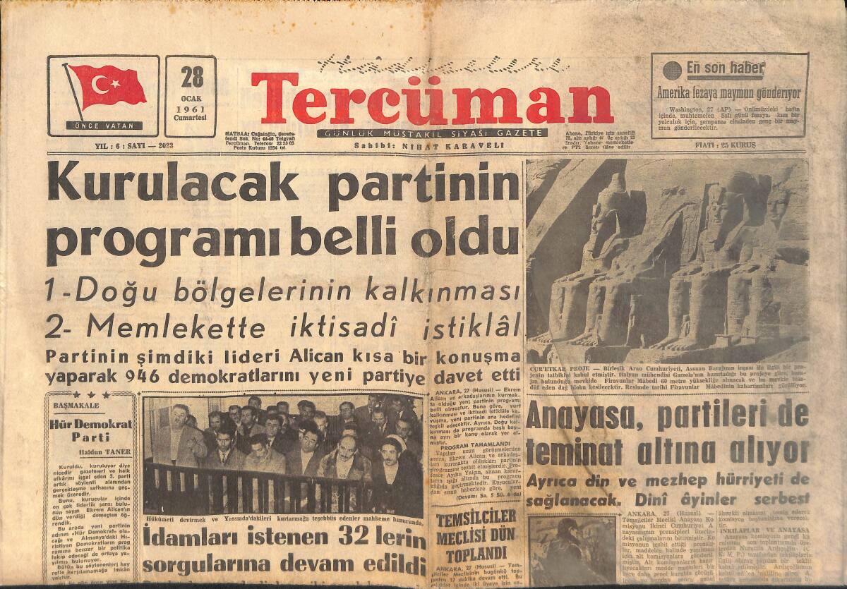 Tercüman Gazetesi 28 Ocak 1961 - Yeni Partinin Programları Belli Oldu - Galatasaray'ın Rakibi; Ein Shemmer GZ132712 - 1